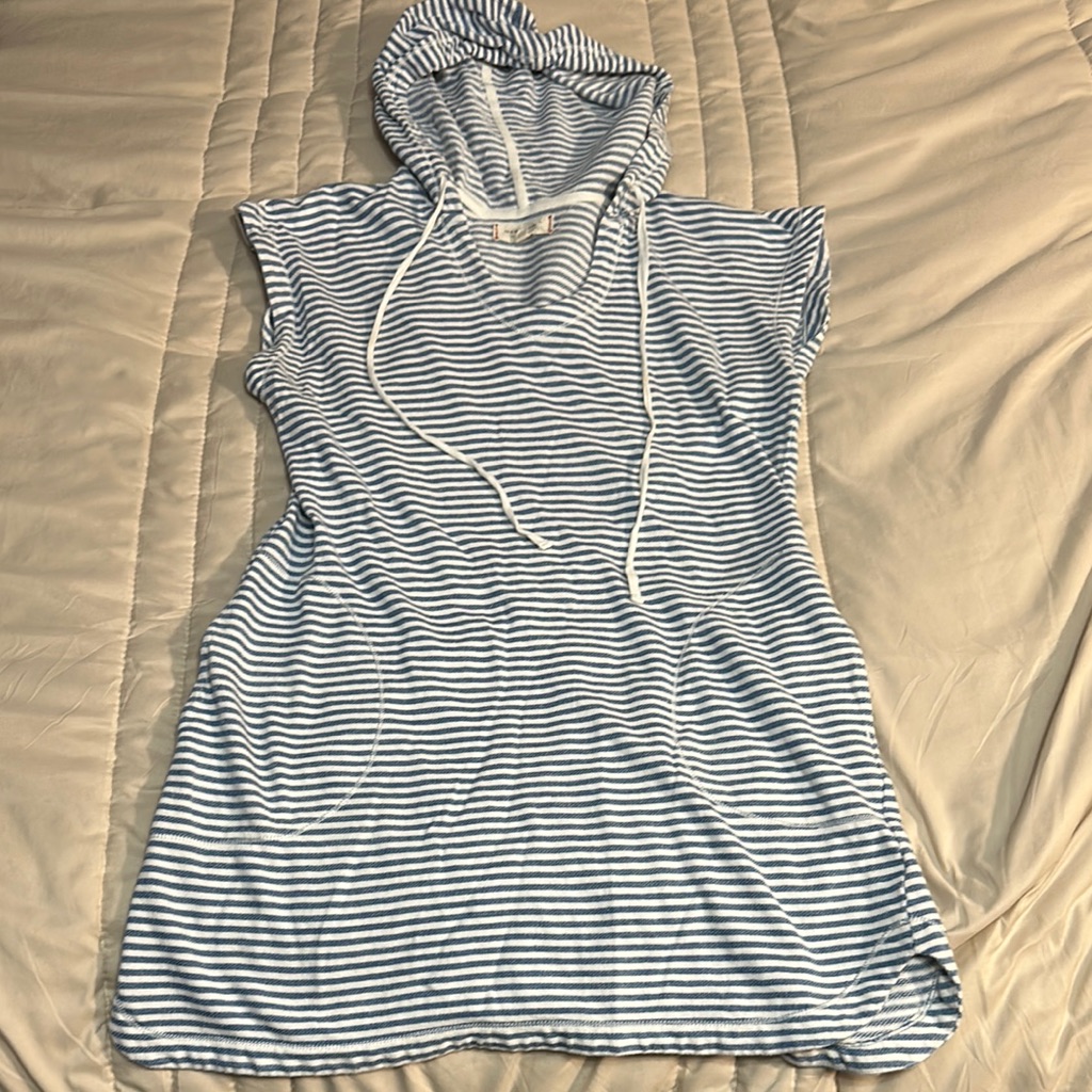 Max Studio Blue White Striped Hooded Sleeveless Dress Cover Up Large